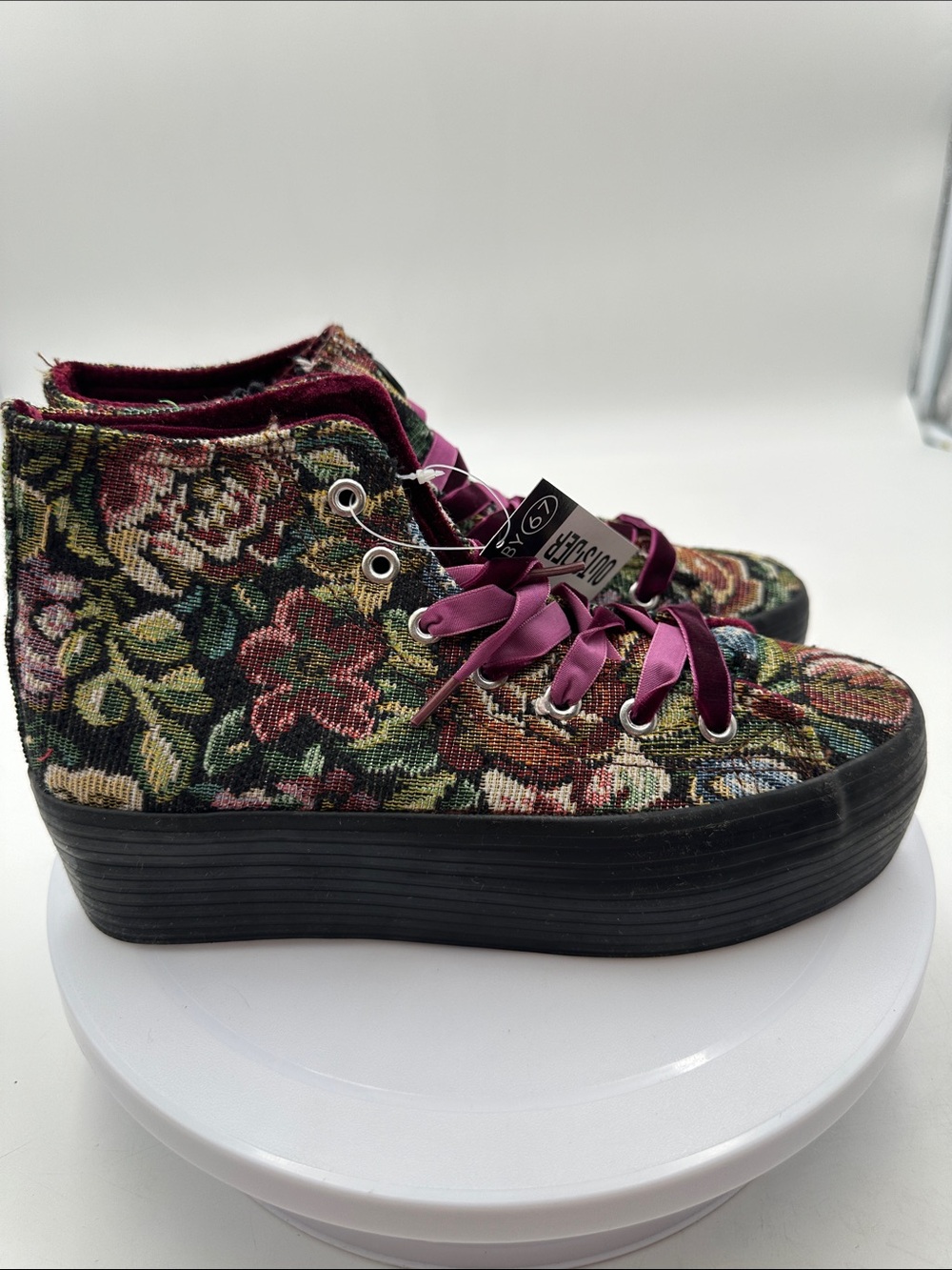 67 Outsider Floral Tapestry High-Top Sneakers with Burgundy Ribbon Laces